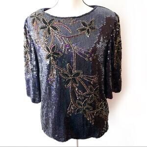 Vintage Scala Silk Top Black Purple Beaded Sequins